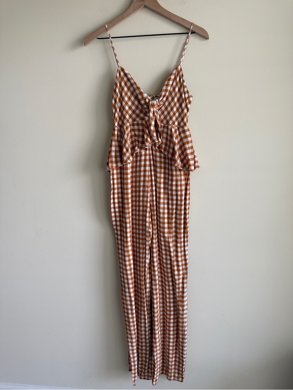 Saylor x Anthropologie Laken Gingham Ruffle Jumpsuit Apricot White Small - Picture 6 of 13